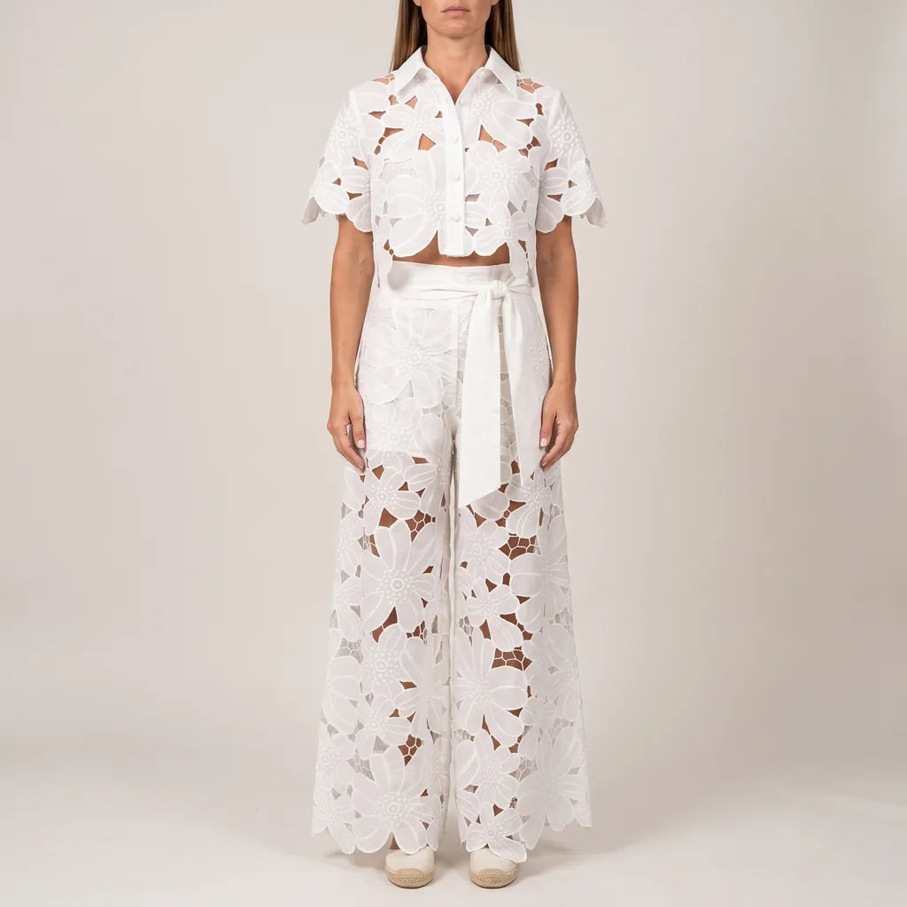 Cassie lace cutout crop top and wide leg trousers set – image 4