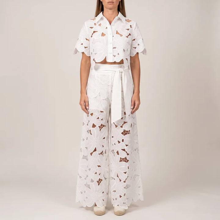 Cassie lace cutout crop top and wide leg trousers set – image 4