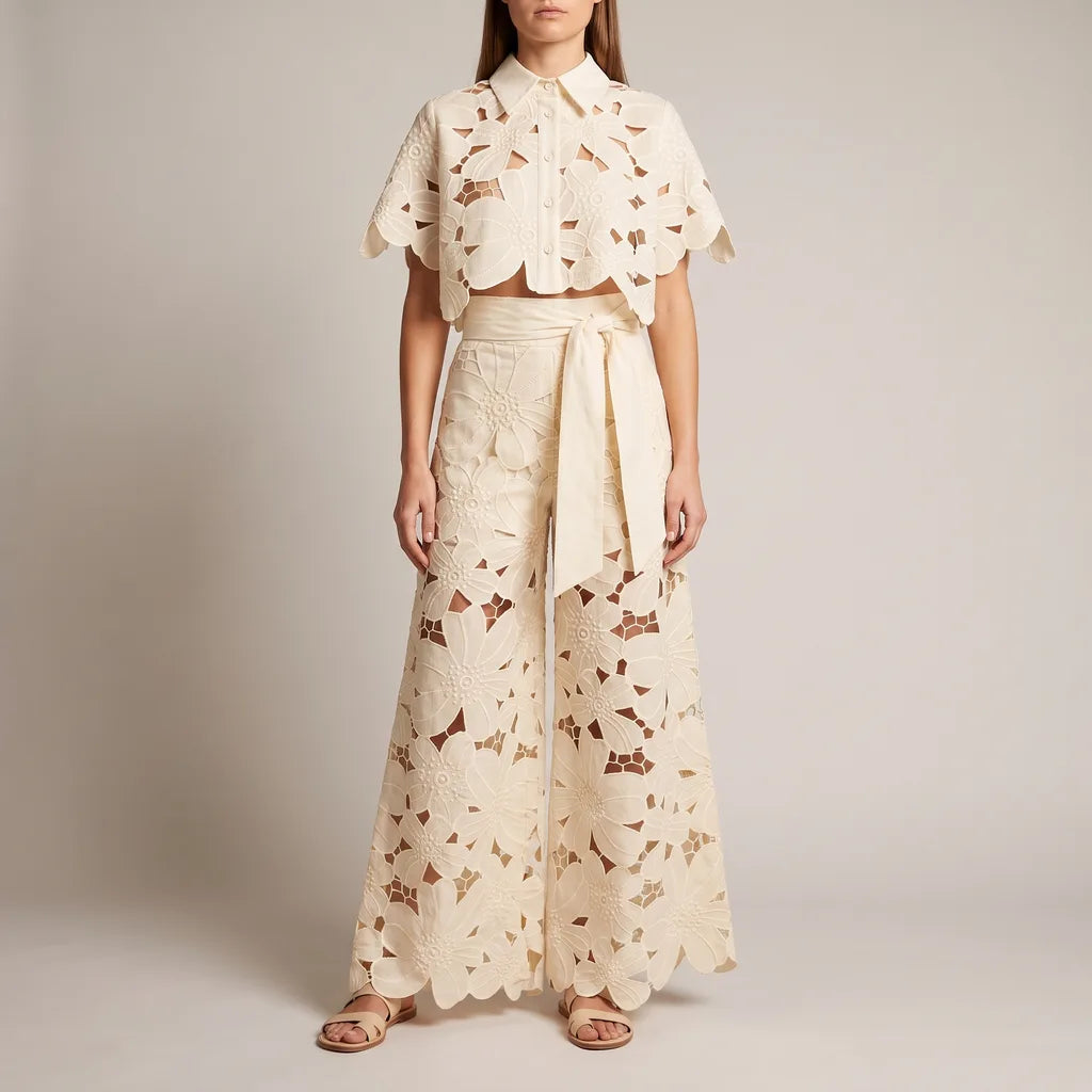 Cassie lace cutout crop top and wide leg trousers set – image 5