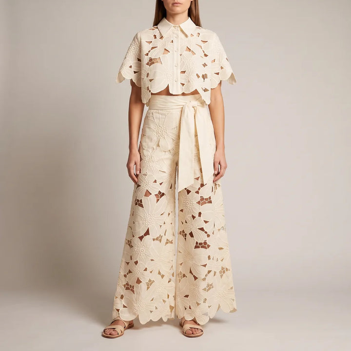 Cassie lace cutout crop top and wide leg trousers set – image 5