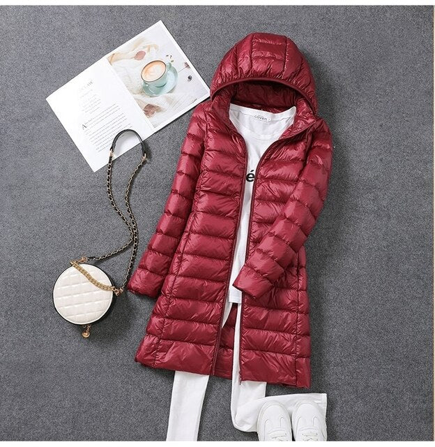 Linnet lightweight hooded long puffer coat