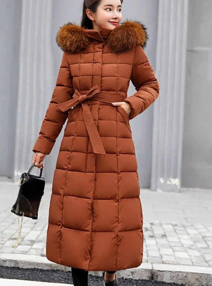 Isabel belted long puffer coat with faux fur hood