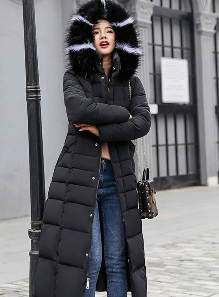 Isabel belted long puffer coat with faux fur hood – image 2