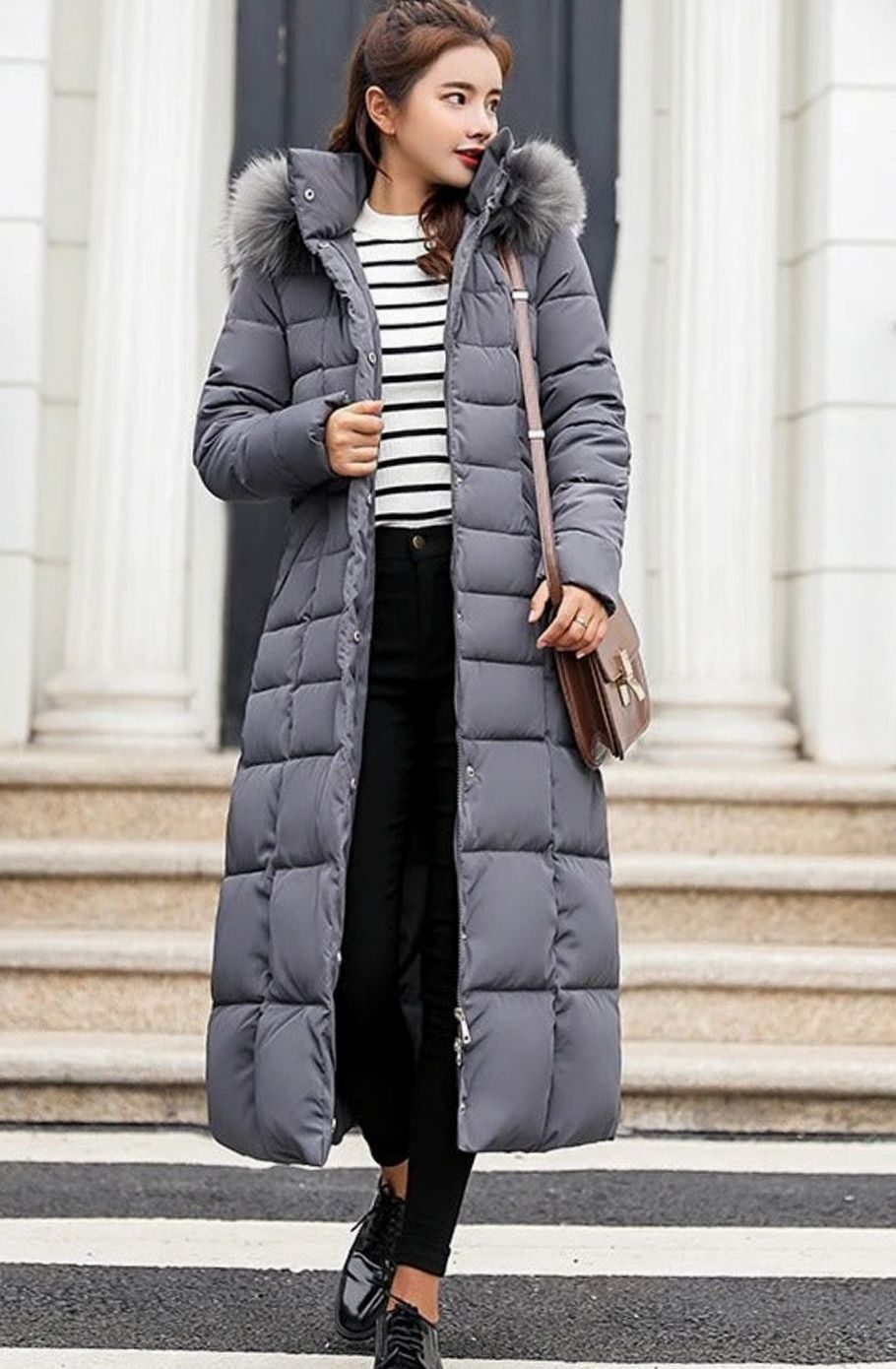 Isabel belted long puffer coat with faux fur hood – image 3