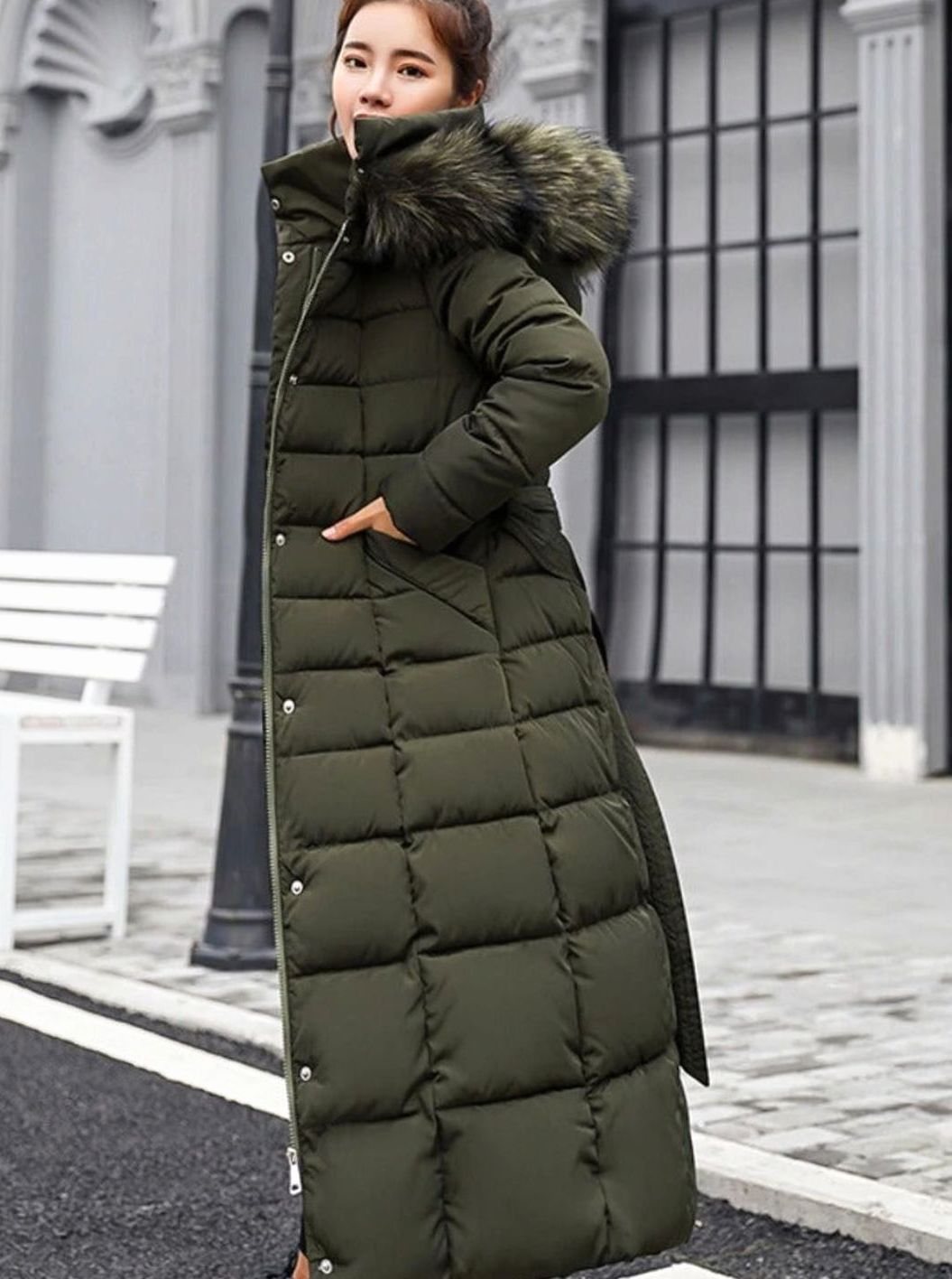 Isabel belted long puffer coat with faux fur hood – image 4