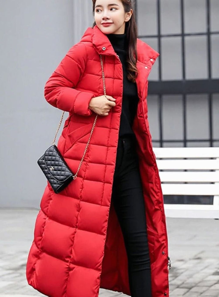 Isabel belted long puffer coat with faux fur hood – image 5