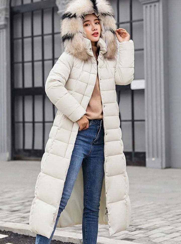 Isabel belted long puffer coat with faux fur hood – image 6