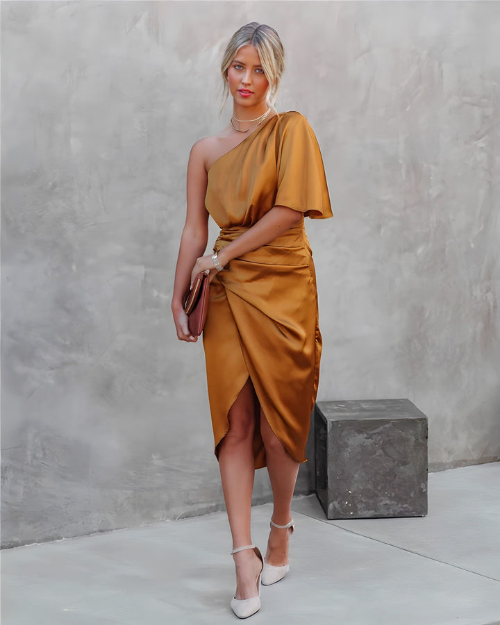 Marisol one shoulder satin wrap midi dress – image 18