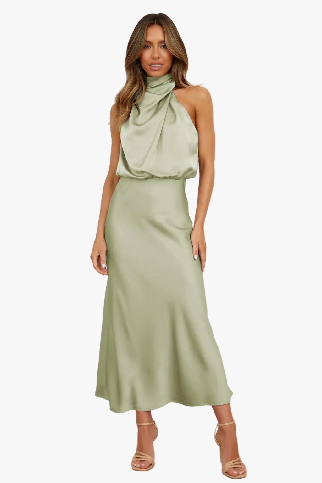 Jocelyn halter neck satin midi dress with draped bodice