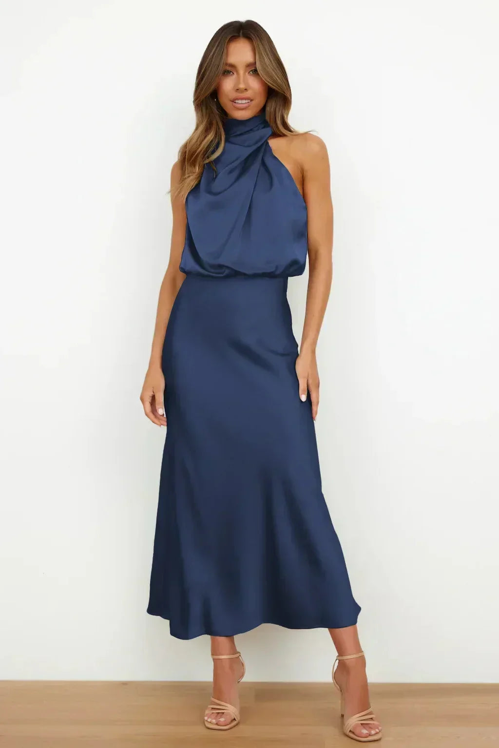 Jocelyn halter neck satin midi dress with draped bodice – image 11