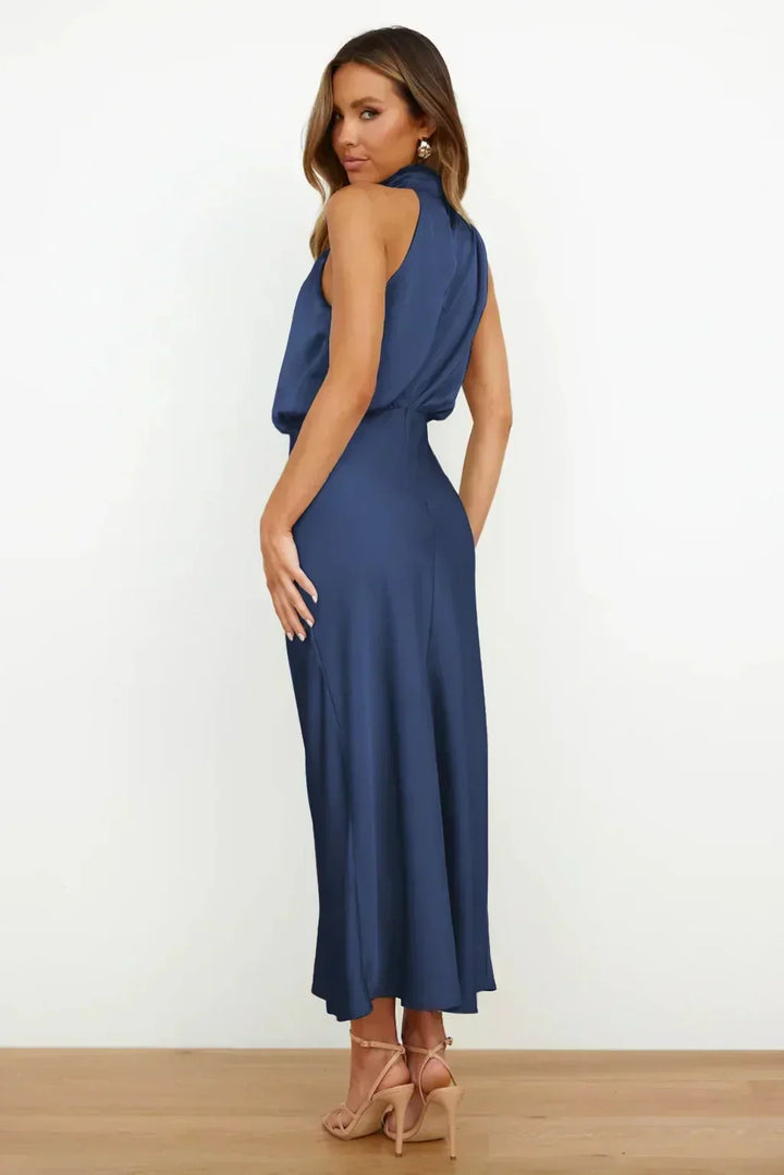 Jocelyn halter neck satin midi dress with draped bodice – image 12