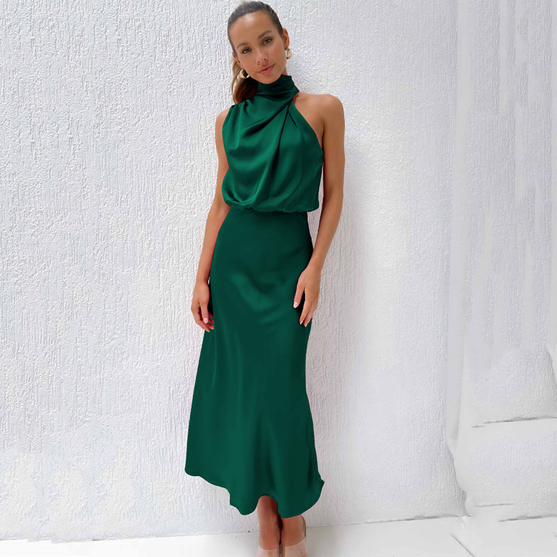 Jocelyn halter neck satin midi dress with draped bodice – image 13