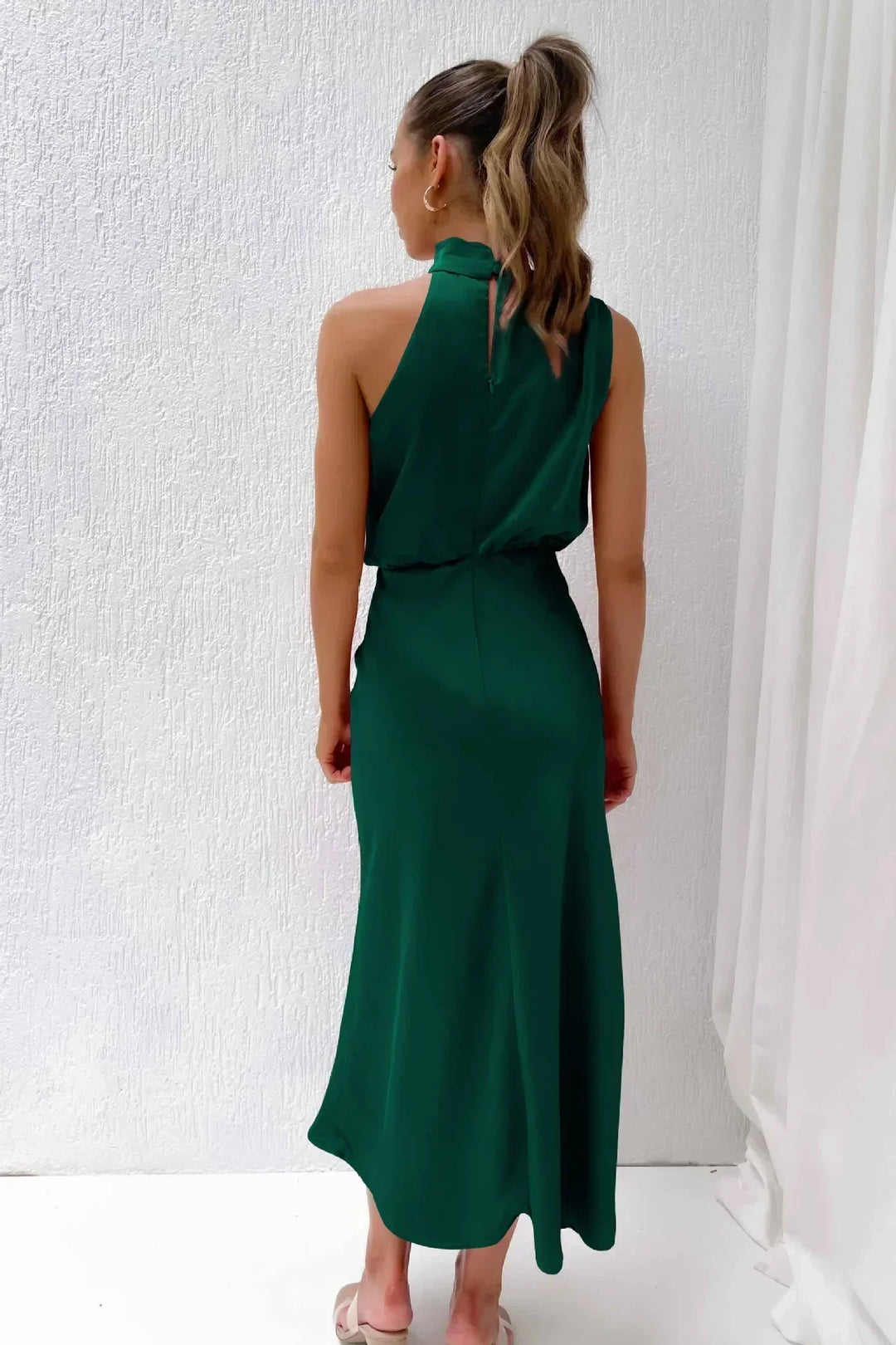 Jocelyn halter neck satin midi dress with draped bodice – image 14