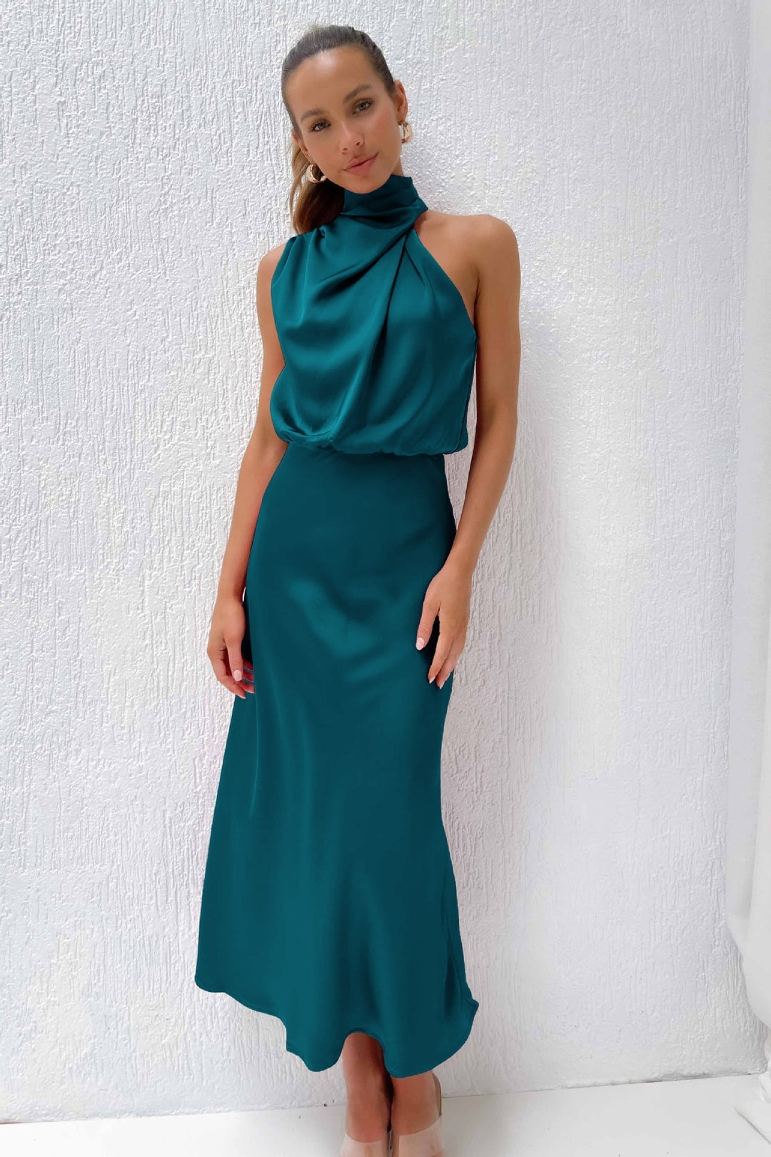 Jocelyn halter neck satin midi dress with draped bodice – image 15