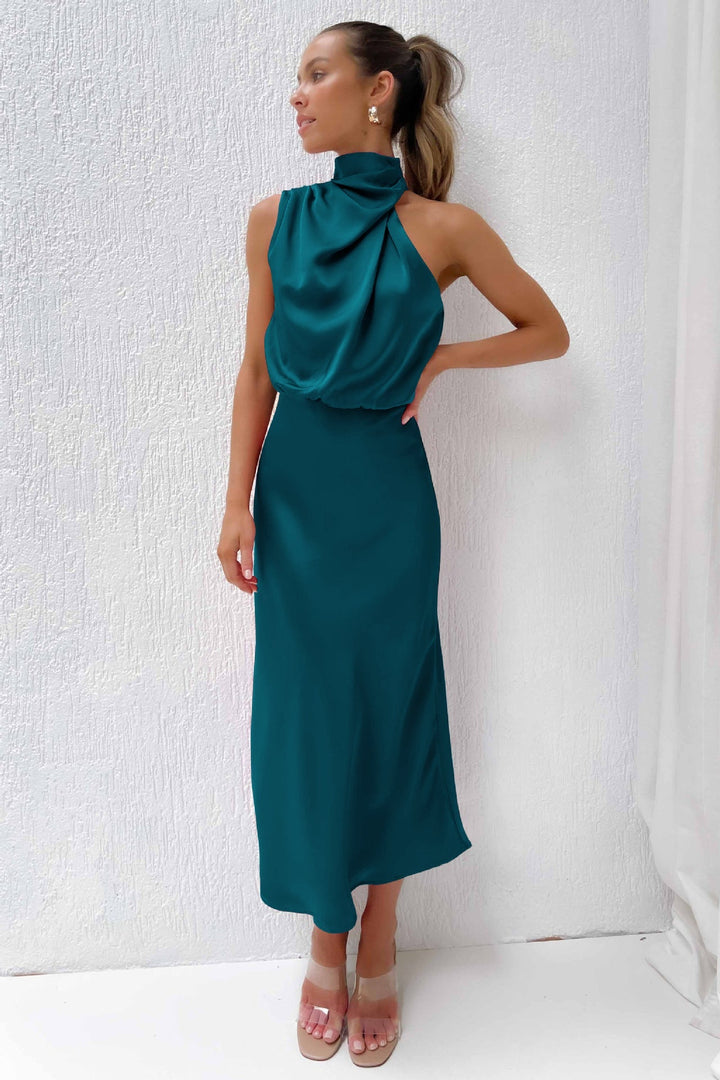 Jocelyn halter neck satin midi dress with draped bodice – image 16