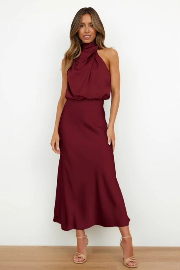 Jocelyn halter neck satin midi dress with draped bodice – image 17