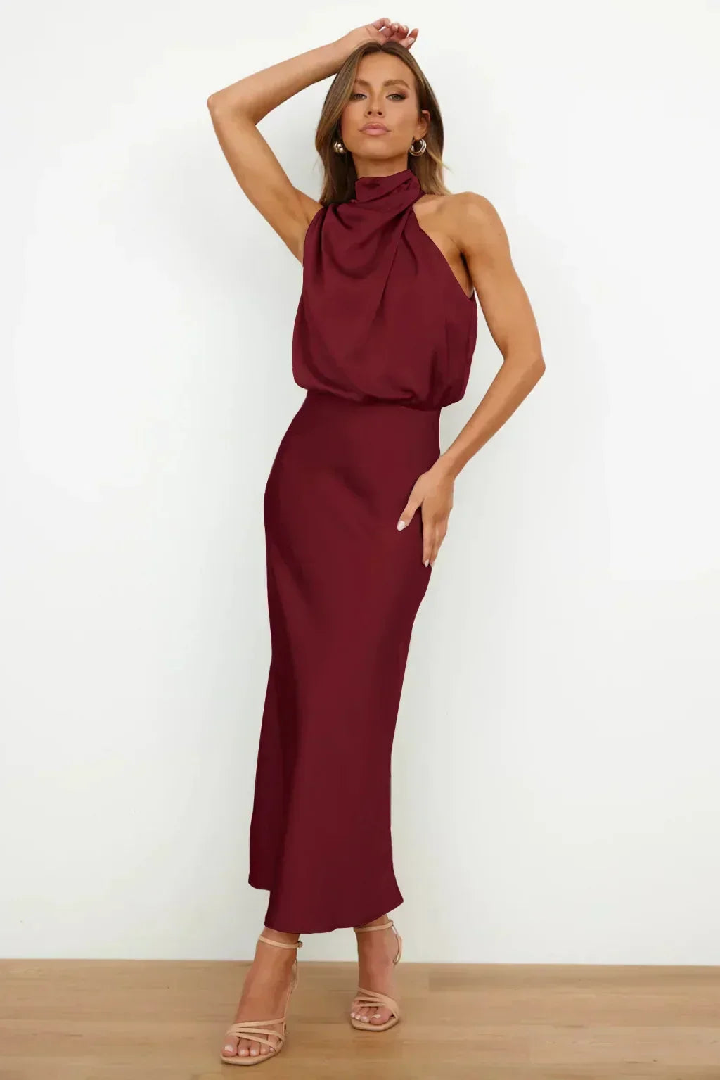 Jocelyn halter neck satin midi dress with draped bodice – image 18