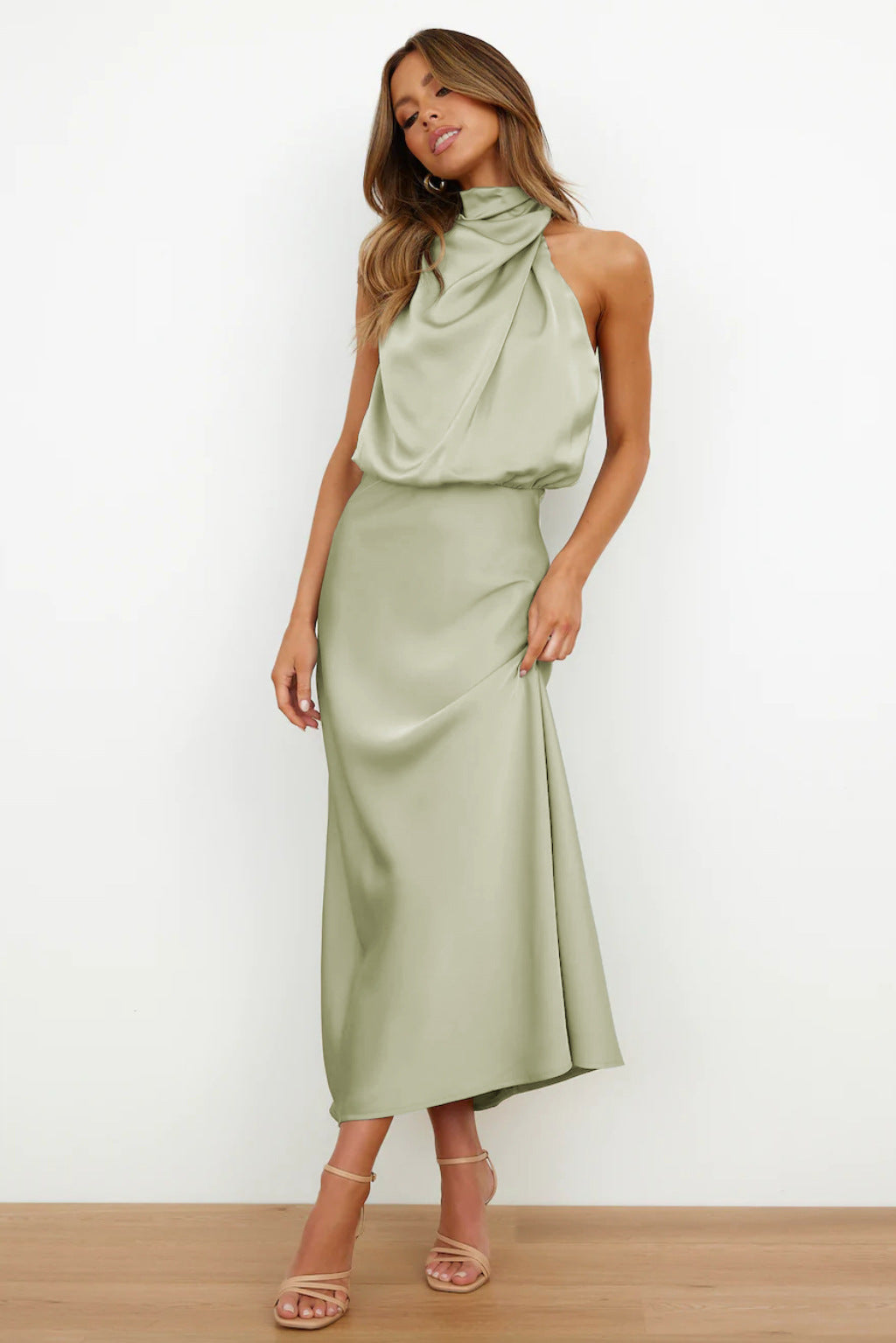 Jocelyn halter neck satin midi dress with draped bodice – image 2