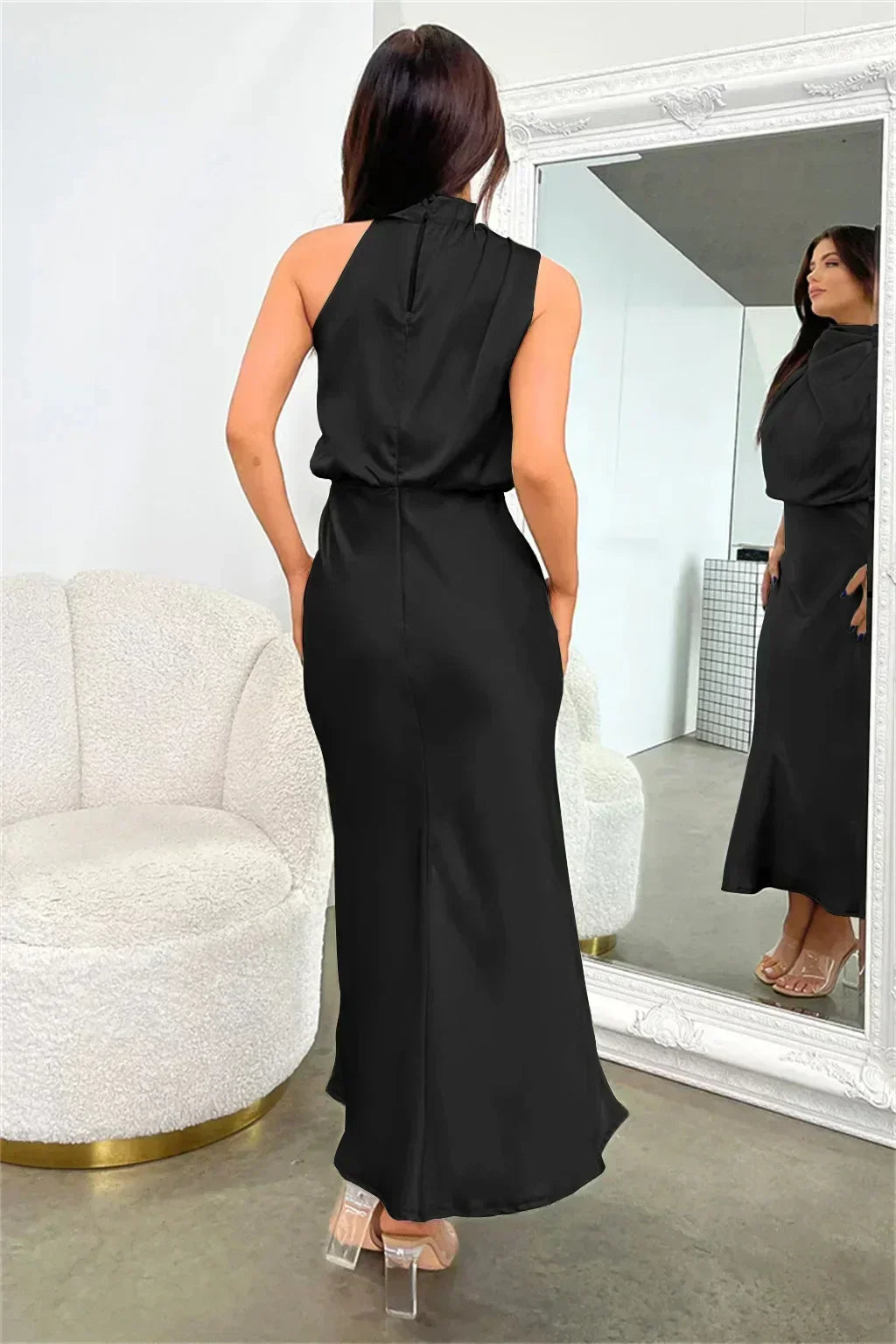 Jocelyn halter neck satin midi dress with draped bodice – image 21