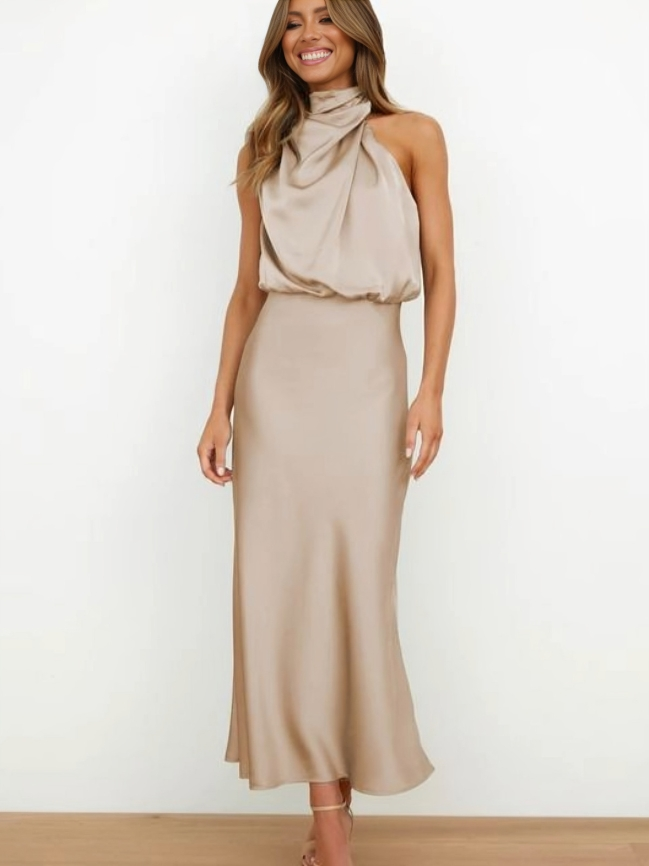 Jocelyn halter neck satin midi dress with draped bodice – image 4