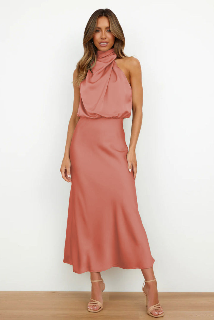 Jocelyn halter neck satin midi dress with draped bodice – image 6