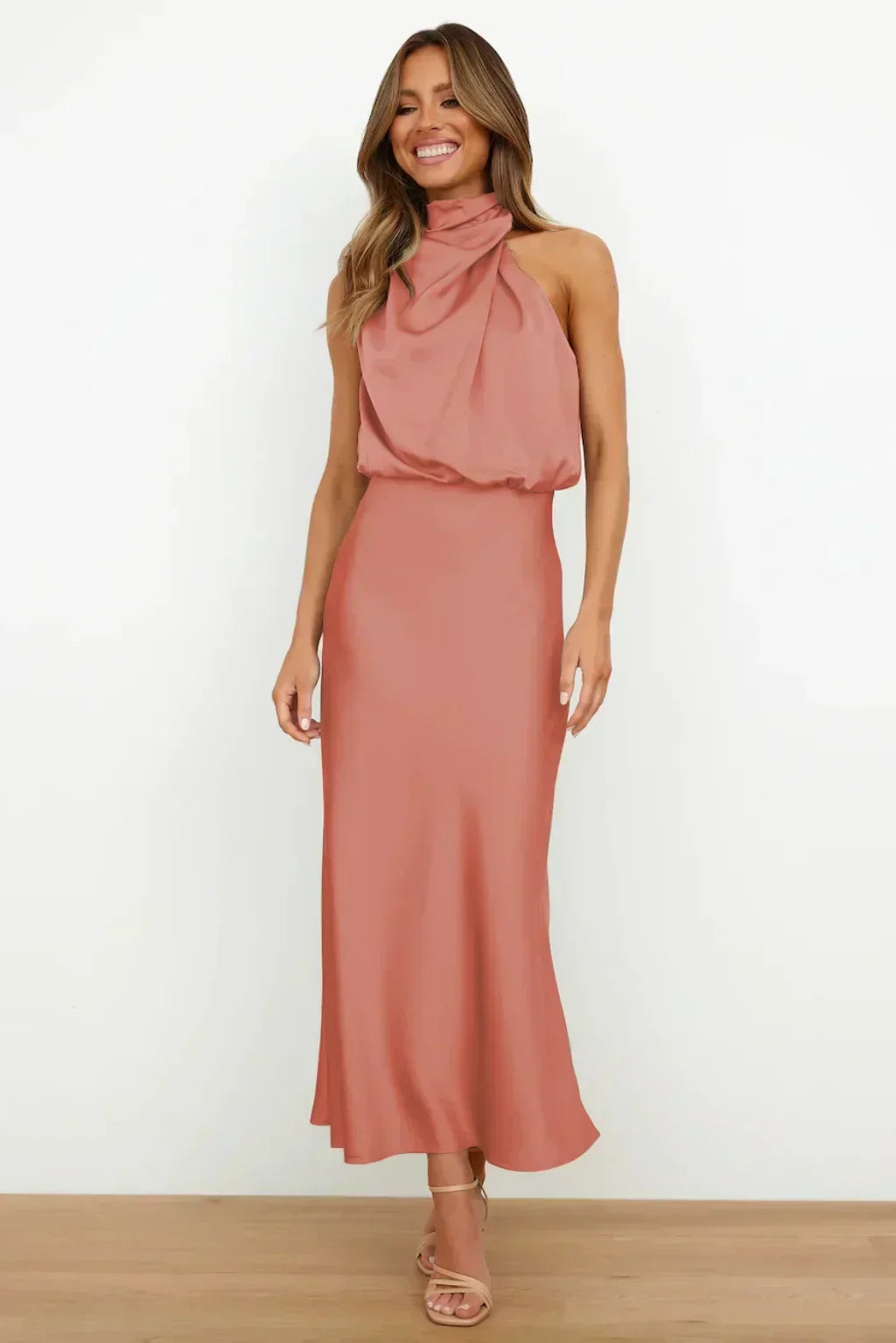 Jocelyn halter neck satin midi dress with draped bodice – image 7
