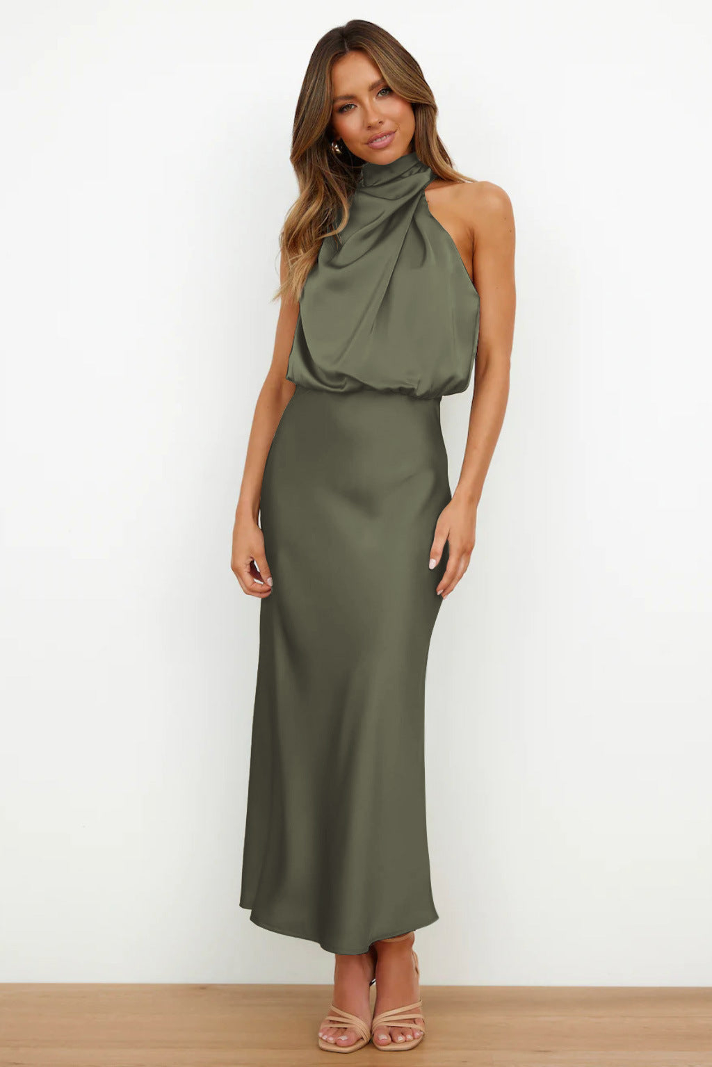 Jocelyn halter neck satin midi dress with draped bodice – image 8