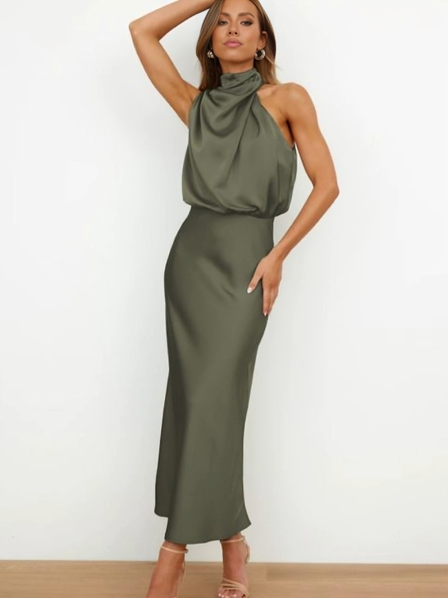 Jocelyn halter neck satin midi dress with draped bodice – image 9