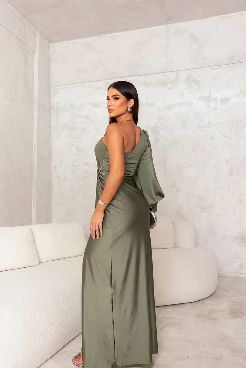 Gwenda one shoulder draped satin maxi dress with slit – image 2